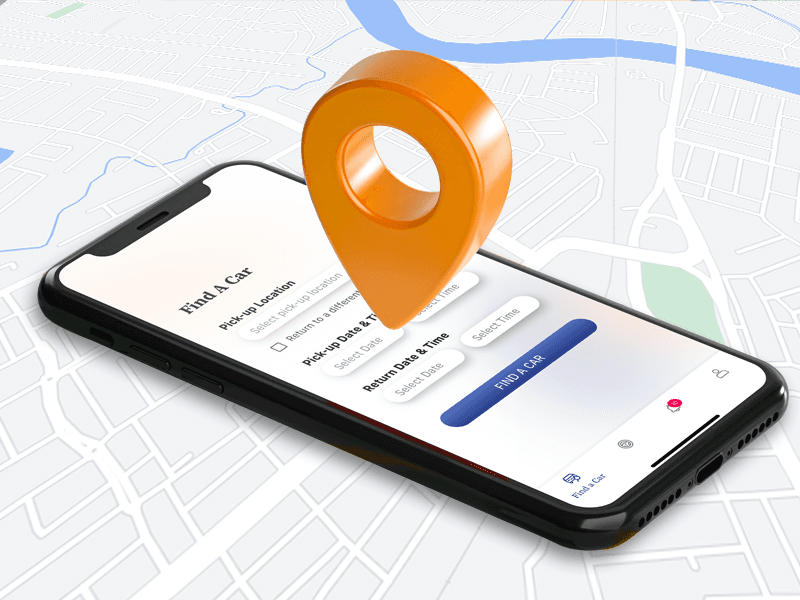 Our Rental Hubs Background Myanmar map smart phone using Yoma Car Share APP and pop up location icon